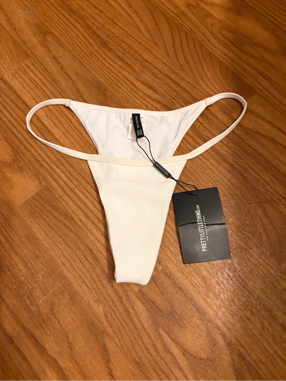 PrettyLittleThing Cream Ribbed High-Cut Bikini Bottom